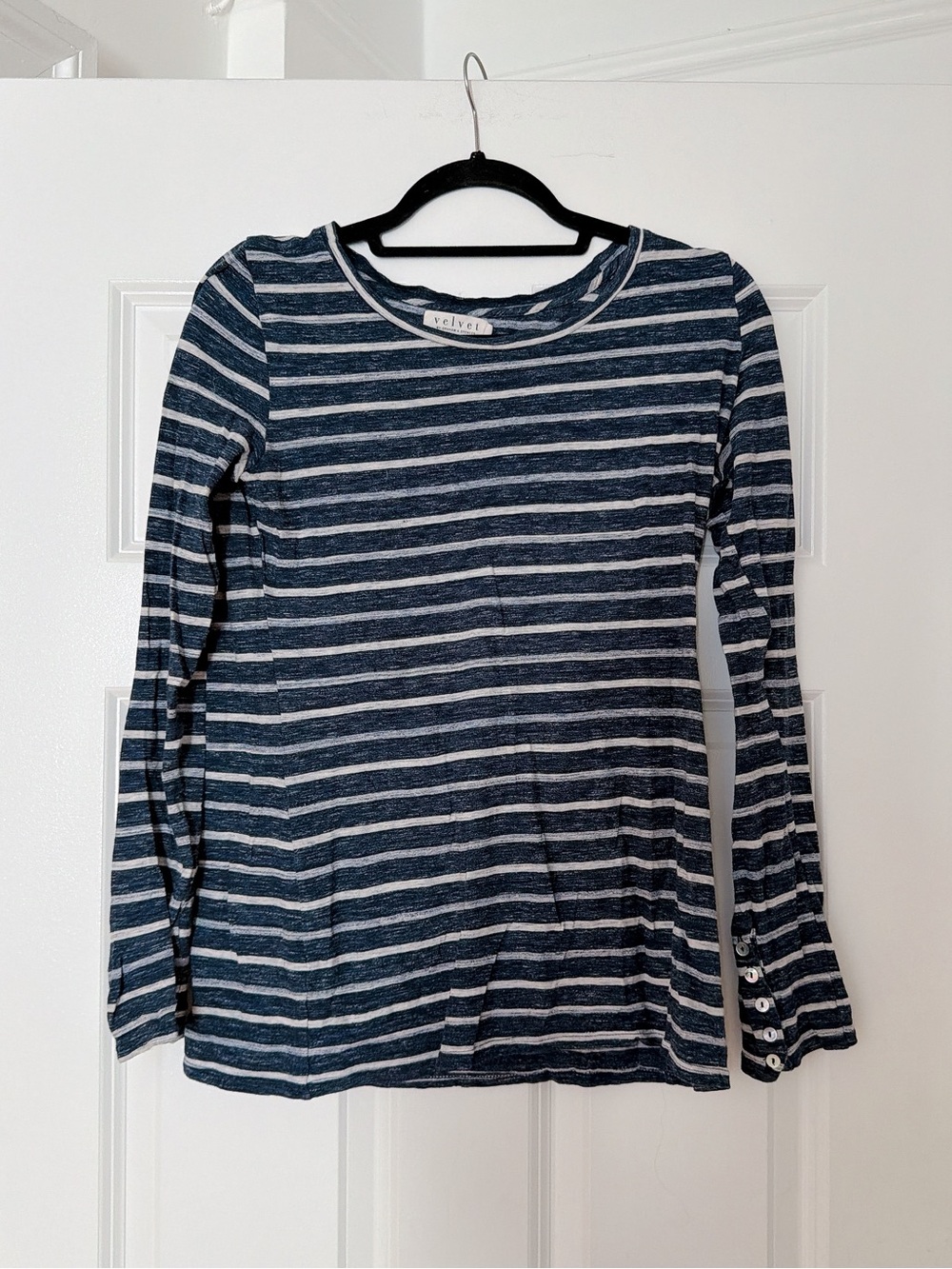 Velvet Navy & White Striped Long-Sleeve Tee with Sleeve Button Detail